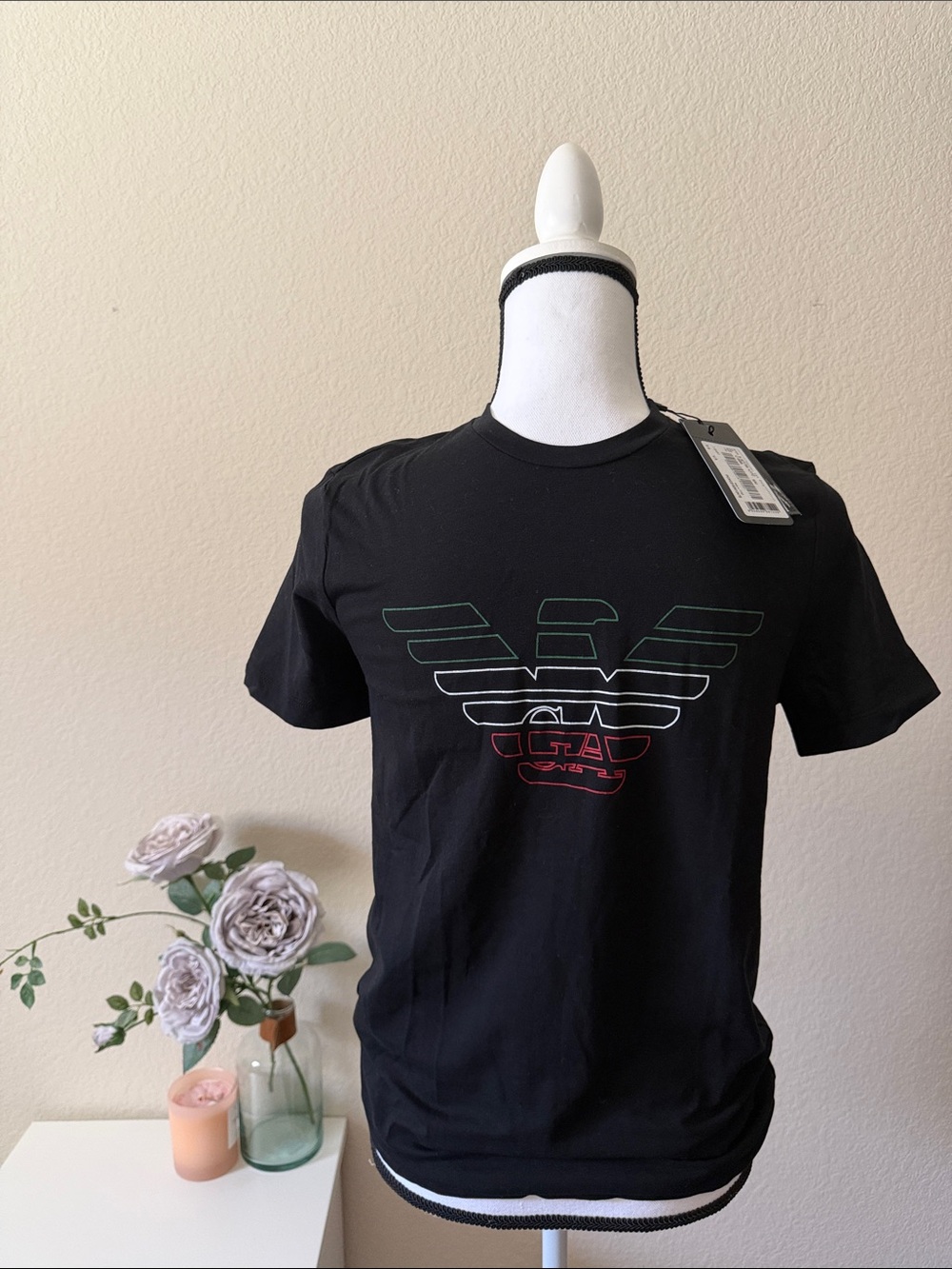Emporio Armani Black Short Sleeve Logo Tee with Tricolor Outline